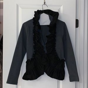 Charcoal jacket, ruffle detail, hook closure